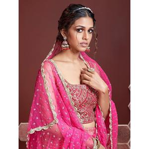 Maravilloso vestido de boda de seda de Chinon bordado Rosa Lehenga Choli - Product Image 3