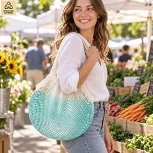 Sac en filet de coton naturel 41x72 cm, sac de courses réutilisable en maille, vente en gros, logo personnalisé OEM - Product Image 5