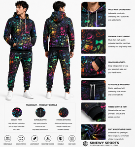 Ensemble de survêtement à capuche pour homme SINEWY SPORTS, imprimé vibrant, polyester, vêtements décontractés, respirant, coupe ajustable, manches classiques - Product Image 1