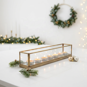 Manufacturers Modern Brass Metal Framed Clear Glass 7 <b>Tea</b> Light <b>Candle</b> <b>Holder</b> for Christmas Home Decoration - Product Image 1