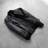 Chaqueta Bomber de Cuero Negra Personalizada al por Mayor para Hombre, con Cuello Alto, Logotipo Bordado en la Parte Delantera, Impermeable, Resistente al Viento, con Cierre de Cremallera para Motocicleta