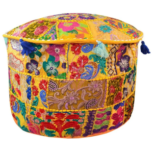 Indian Handmade Patchwork Cotton Pouf <b>Round</b> Floor <b>Cushion</b> Embroidered Bohemian Decorative Throw Pillow with Zipper Closure - Product Image 4