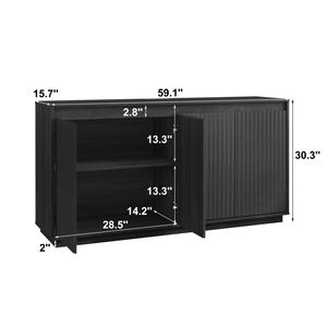 4-Door <b>Black</b> Wood <b>Sideboard</b> Buffet Cabinet with Power Outlet Wavy Vertical Texture Accent No Handle Design - Product Image 2