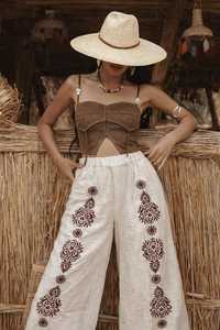 Women Bohemian Linen Wide Leg Pants High Waist Embroidery Loose Fit Full Length Summer Casual Trousers - Product Image 5