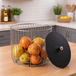 Wire Fruit <b>Basket</b> with Lid Round Metal Storage <b>Basket</b> Silver Black Kitchen Counter Organizer for Fruits <b>Vegetables</b> Snacks Dining - Product Image 4