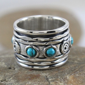 925 Sterling Silver Turquoise Gemstone Spinner Ring Handmade Wide Meditation Worry Ring for Women Rotating Multi-Band Rings - Product Image 3