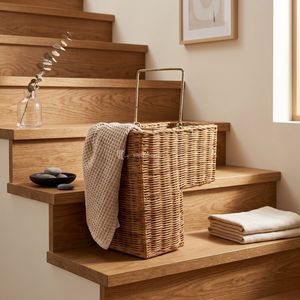 Handwoven Willow <b>Wicker</b> <b>Laundry</b> <b>Basket</b>, Staircase Storage <b>Basket</b> with Handle for Bathroom Closet Nursery Home - Product Image 3