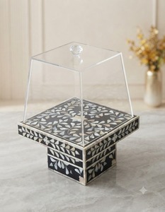 Support à gâteau carré fait main en os incrusté avec couvercle en acrylique, plateau à dessert de mariage, décoration de table - Product Image 3