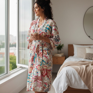 Bata Kimono Floral de Algodón Larga con Cuello en V y Estampado de Bloques, Bata de Baño con Cintura Ajustable, Ropa de Descanso Suave de Algodón para Spa - Product Image 6