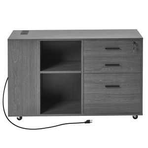 Armadietto Portadocumenti Mobile in Legno a 3 Cassetti Regolabili con Ruote e Serratura, Organizzatore per Cavi e Spine, Scaffali Bloccabili - Product Image 1