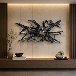 Arte Mural Moderno Abstracto de Madera de Teca, Decoración de Pared Grande de Madera Orgánica Negra para Sala de Estar de Lujo, Vestíbulo de Hotel, Decoración Interior de Villa - Product Image 1