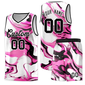 Custom Sublimated Basketball Jersey Set Pink Black White V-Neck Sleeveless Moisture Wicking Uniforms for Adults - Product Image 5