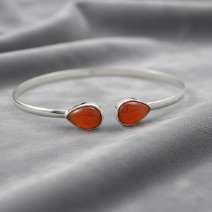 Pear Shape Red Coral <b>Bangle</b> <b>Bracelet</b> 925 Sterling Silver 14K Gold Plated Dainty Adjustable Boho Gemstone Jewelry - Product Image 2