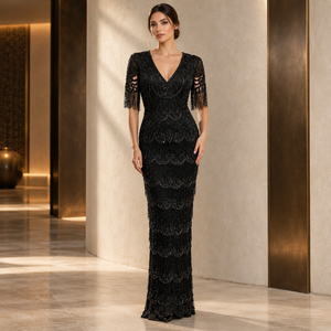 Elegant Jet Black Beaded Evening Gown | Plunging V Neck 3/4 Fringe Sleeves <b>Art</b> <b>Deco</b> Embellished Fitted Floor Length Formal <b>Dress</b> - Product Image 2