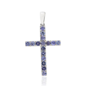 18K Gold Rhodium Plated Round Tanzanite <b>Cross</b> <b>Charm</b> Pendant for Religious Party Jewelry - Product Image 1