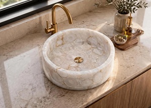 Luxury White Agate Stone Handmade <b>Round</b> Vessel <b>Basin</b> Eco-Friendly Modern Bathroom Sink for Hotel & Home Interior - Product Image 3
