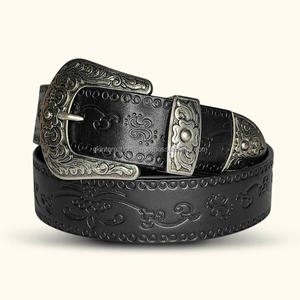 Cinturón de herramientas de cuero occidental negro grabado floral personalizado para unisex con 3 piezas de plata mate conjunto de hebilla de diseñador cinturón de herramientas - Product Image 6