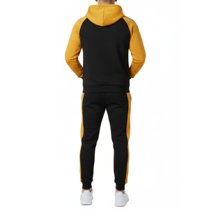 Conjunto Deportivo para Hombre en Oferta, Color Negro y Amarillo Mostaza con Bloques de Color Chevron, Sudadera con Capucha y Pantalones de Dos Piezas, Fabricante OEM - Product Image 2