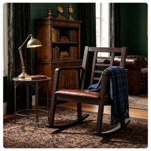 Sedia a dondolo in legno massello, poltrona ergonomica resistente con schienale a gradino traspirante per il relax interno, colore marrone - Product Image 6