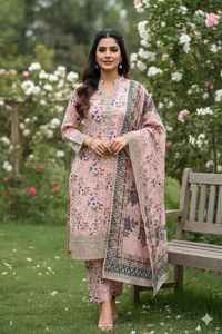 Trajes de verano listos para usar de Faisalabad: Conjuntos de lino listos para usar para mujer, ropa de diseñador de verano, trajes de lino listos para usar, shalwar kameez para damas. - Product Image 2