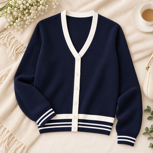 Primefield Women's Navy Knitted <b>Cardigan</b> Long Sleeve V-Neck Contrast Color <b>Button</b> Closure Classic Casual Wear All Seasons - Product Image 5