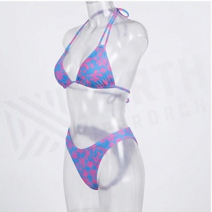 Ensemble de bikini à imprimé floral pour femmes, bleu rose, maillot de bain deux pièces, extensible, en spandex et polyester, coupe régulière, bas de maillot de bain string - Product Image 3