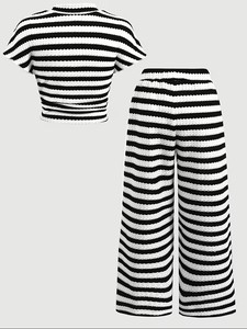 Ensemble haut à manches courtes en tricot jacquard rayé élégant et décontracté pour filles et pantalon assorti, ensemble rayé noir et blanc - Product Image 3