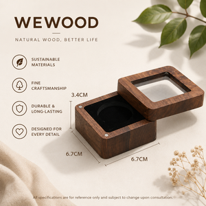 WEWOOD Square Wooden Jewelry <b>Box</b> with Velvet Insert and <b>Glass</b> Lid for Ring Storage - Product Image 2