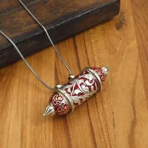 Openable Cylinder Locket Pendant Necklace Brass Antique Silver Green Enamel Floral Engraved Prayer <b>Box</b> <b>Keepsake</b> Indian Jewelry - Product Image 1