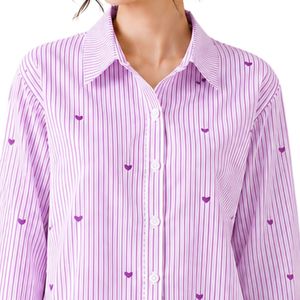 Camisa de mujer a rayas moradas y blancas con botones, blusa de algodón de manga larga con bordado de corazón, ajuste holgado, estilo casual, top oversize. - Product Image 5