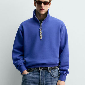 Pull-over décontracté en molleton 100 % coton bleu roi uni pour homme, col montant, fermeture éclair quart de tour, vente en gros sur mesure - Product Image 2
