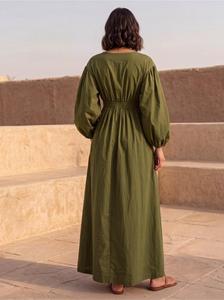 Robe longue maxi décontractée d'été en lin vert uni élégante à manches bouffantes, coupe ample, taille élastique et col en V - Product Image 4