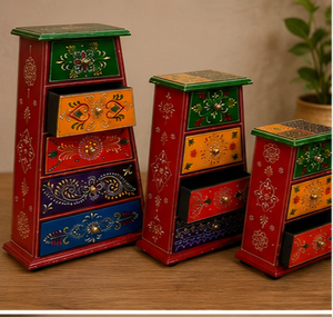 Handmade Wooden Chest With 4 Drawers Traditional Painted <b>Storage</b> <b>Box</b> Red Green Orange <b>Blue</b> Decorative Design - Product Image 3