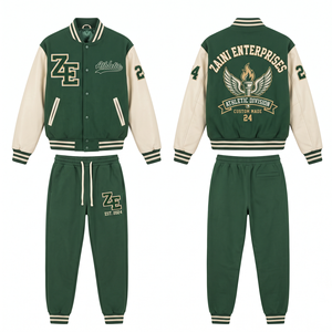 Women Varsity Tracksuit 380 GSM Cotton Polyester Fleece Forest Green Cream Contrast Sleeves Chenille <b>Embroidery</b> Screen Print - Product Image 1