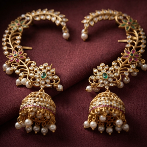Traditional Imitation Antique Style Kundan <b>Ear</b> <b>Cuff</b> Jhumka <b>Earrings</b> With Ruby Green Stones Pearl Drop For Women - Product Image 4