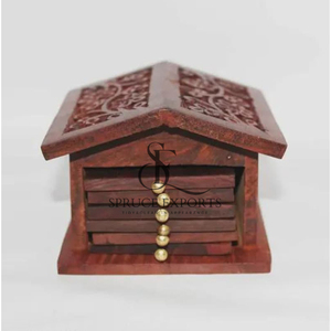 Handmade Wooden <b>Coaster</b> Set With Metal knobs Carved House Holder Box Unique Bulk Order For Kitchenware & <b>Table</b> Decoration - Product Image 4