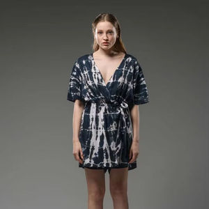 Ladies <b>Black</b> Tie Dye <b>Wrap</b> Dress Short Sleeve V Neck Mini Dress Casual Boho Style Lightweight Dress - Product Image 1