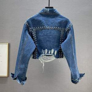 Veste en jean pour femme ornée de strass, qualité supérieure, prix abordable, coupe courte, effet vieilli, ourlet brut - Product Image 6