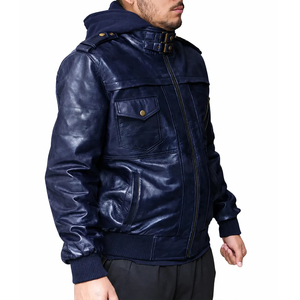 Personalized ODM Custom Made Men's <b>Long</b> Thin Breathable PU <b>Leather</b> Hooded Reflective Winter <b>Jacket</b> - Product Image 5