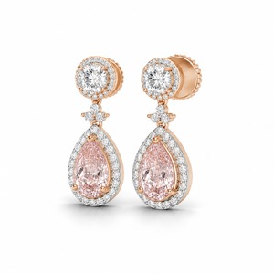 Pendientes de Oro Rosa con Diamantes y Morganita en Forma de Lágrima, Halo de Diamantes, Certificación IGI, Lujosos, Modernos, Geométricos, para Mujer, de Boda - Product Image 3