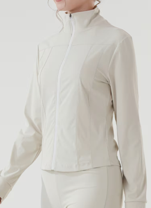 Ensemble sportif 2 pièces beige pour femme, en tricot Spandex/Coton, avec veste à manches longues color block et fermeture éclair, coupe régulière, respirant, toutes saisons - Product Image 6