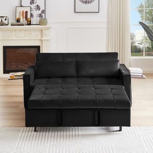 Sofá Reclinable Moderno de Terciopelo Negro con Cama Extraíble, Convertible en Sofá Cama, Mesa Auxiliar, Respaldo Ajustable, 2 Almohadas Lumbares - Product Image 3