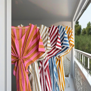 Women's 100% Cotton Cambric Candy Stripe V Neck Three Quarter Sleeve Loose Fit Lightweight Beachwear <b>Kaftan</b> <b>Dress</b> - Product Image 2
