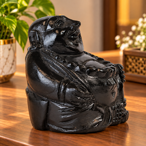 Handmade Black <b>Stone</b> Laughing <b>Buddha</b> Figurine Carved Buddhist Statue for Home Decoration - Product Image 2