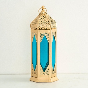 Wholesale <b>Gold</b> Metal Moroccan Candle <b>Lantern</b> with Blue Glass for Home and Weddings Decoration - Product Image 2