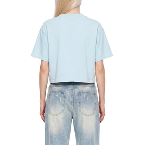 T-shirt court ample bleu ciel pour femme, col rond, en coton, basique, décontracté, vente en gros, vierge - Product Image 2