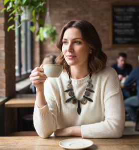 Collier artisanal en corne de buffle Matinee : pointes noires polies en forme de pétale et disques marron antilope sur ruban gros-grain noué - Product Image 5