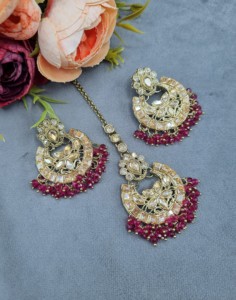 Handcrafted <b>Crystal</b> Beaded Choker Necklace <b>Set</b> With Chandbali Earrings And Mangtika Ethnic Wear Designer Jewellery <b>Set</b> Wholesale - Product Image 3