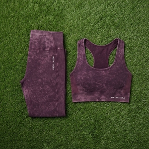 Women Burgundy Acid Wash Yoga Set Sports Bra High Waist <b>Leggings</b> Gym Fitness Workout <b>Activewear</b> - Product Image 6