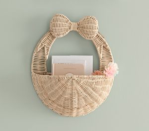 Elegante cesta de pared de ratán con lazo, redonda, tejida, colgante, decorativa, con forma de lazo, para decoración infantil, para habitación infantil. - Product Image 1